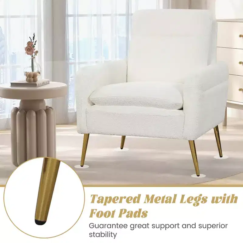 Costway Modern Accent Chair Upholstered Armchair w/ Tapered Metal Legs White