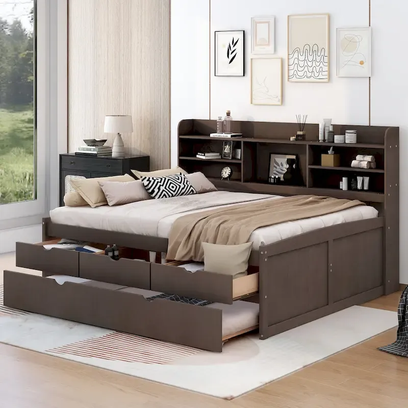 Full Size Wooden Captain Bed with Built-in Bookshelves,Three Storage Drawers and Trundle,Antique Grey