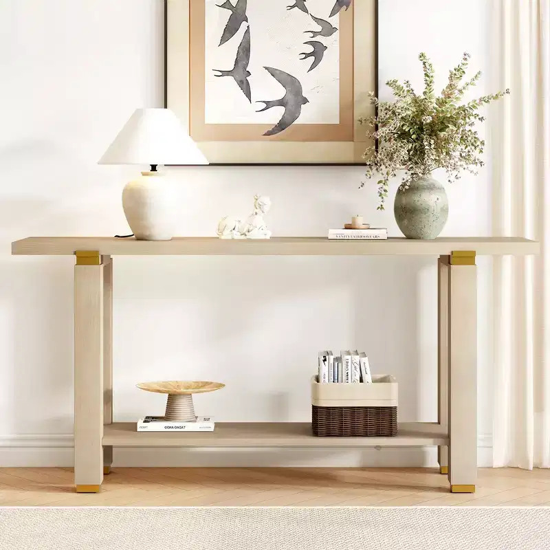 63IN Modern Narrow Console Table, Entryway Table with Metal Accents and Open Shelf, Accent Table for Living Room, Hallway, Natural