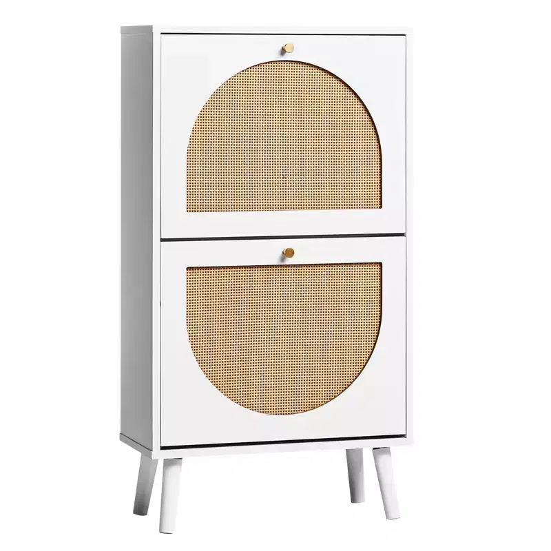 White 2-Door Flip Shoe Cabinet with Rattan Front, Holds 12 Pairs