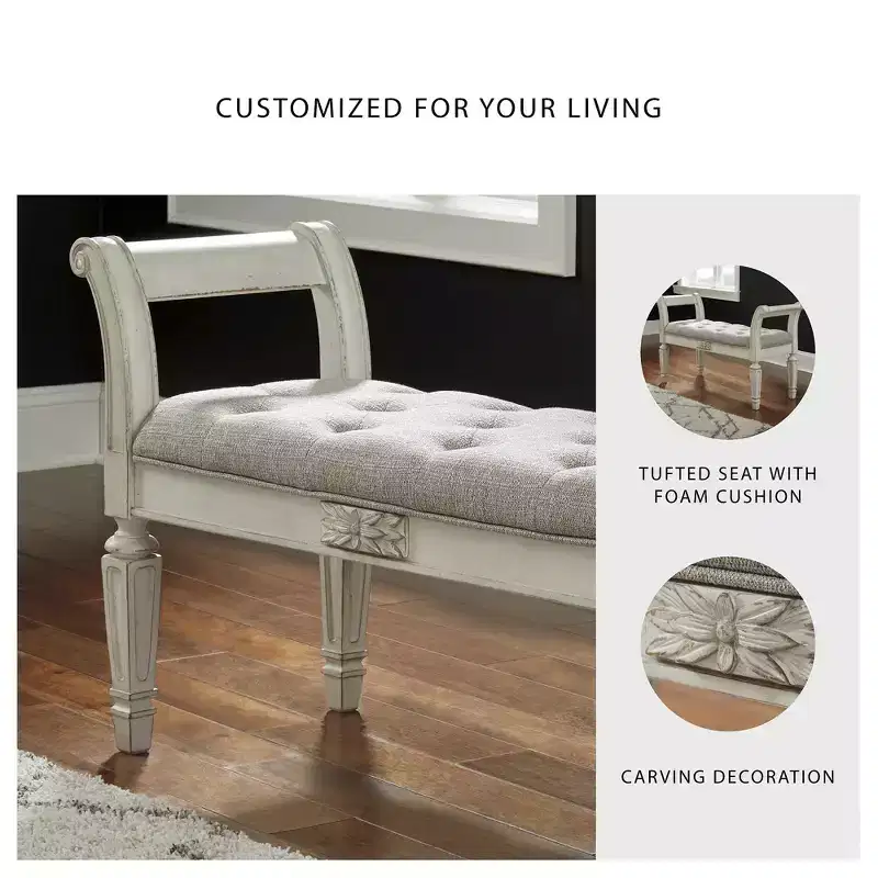 Signature Design by Ashley Realyn Accent Bench - Antique White Tufted with Foam Cushion