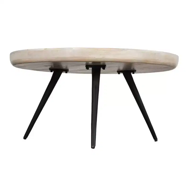 Coffee Table Round Tray Top Handcrafted Washed White Mango Wood, 30 Inch
