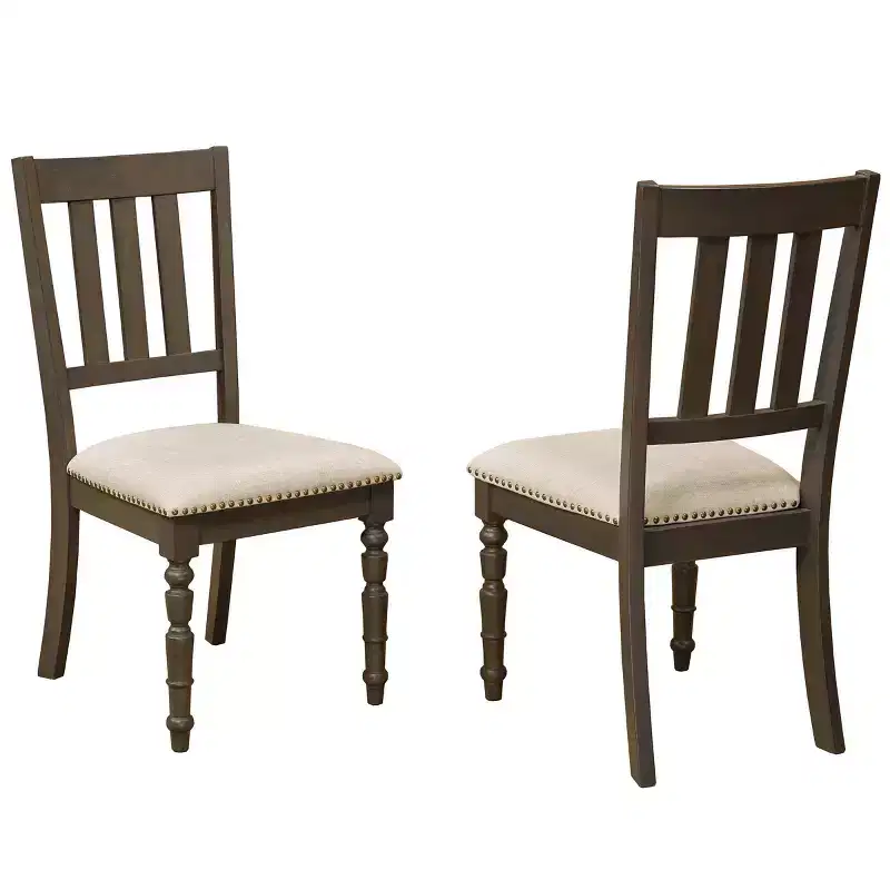Set of 2 Upholstered Dining Chairs, Slat-Back, Nail-Head Trim & Carved Legs, Beige