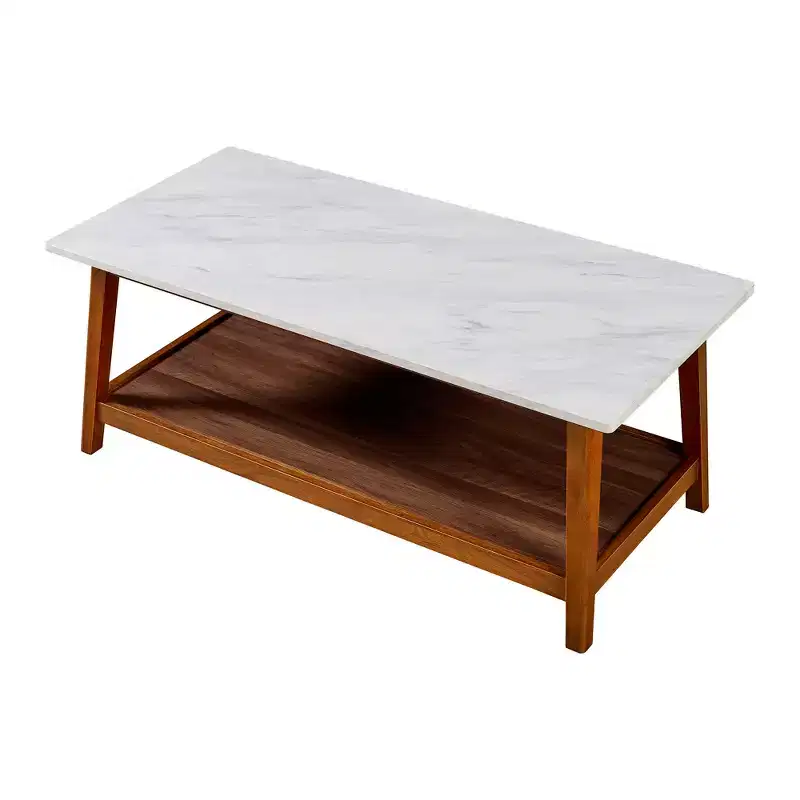 Coffee Table with Faux Marble Top and Storage Shelf, Walnut