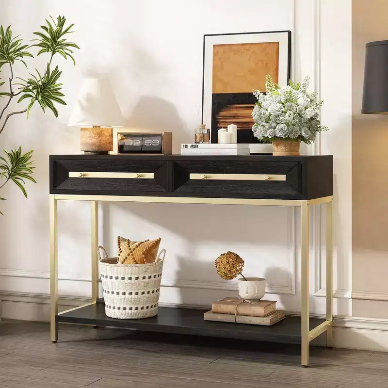 MAYEERTY Console Table with Two Drawers Retro Striking Geometric Design for Living Room Black