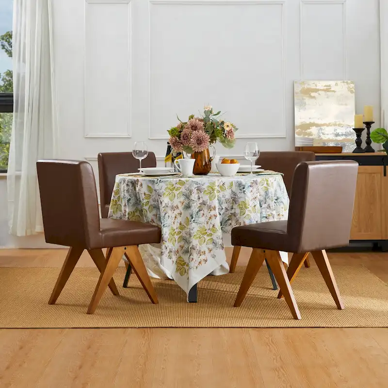Faux Leather Upholstered Dining Chairs with V-Shaped Wood Legs