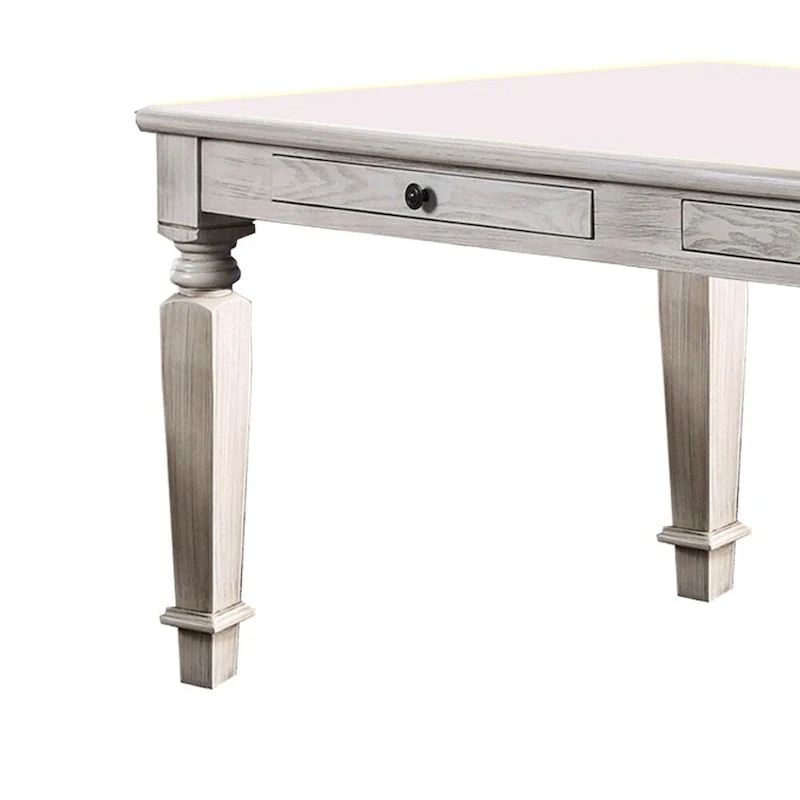 Distressed White Solid Wood Dining Table with 2 Drawers and Tapered Legs for 4–6 Person
