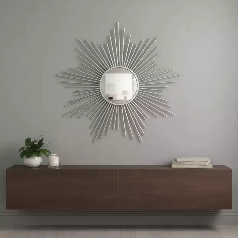 HomeRoots 32 Silver Metal Sunburst Framed Accent Mirror