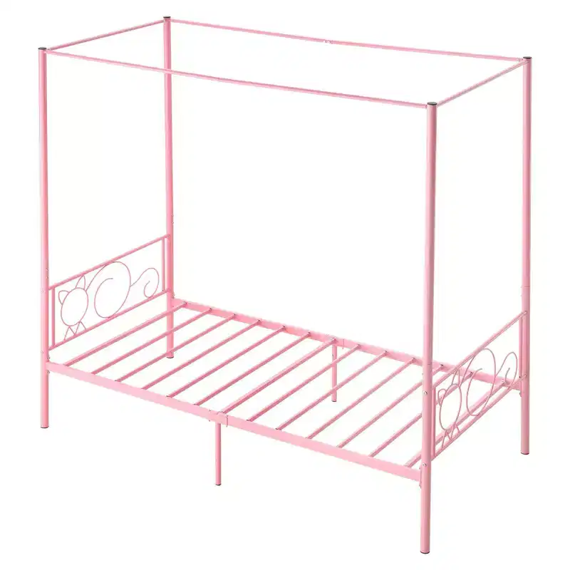 Twin Canopy Bed Frame with Four Poster Design, Metal Platform Bed, Pink, 300 lb Capacity