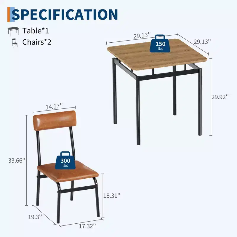 3 Piece Dining Table Set, with 2 PU Upholstered Chair