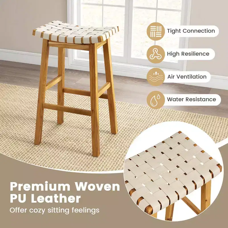 Costway Woven Saddle Stools Set of 2 31'' Faux PU Leather Bar Height Kitchen Stool Black/Beige