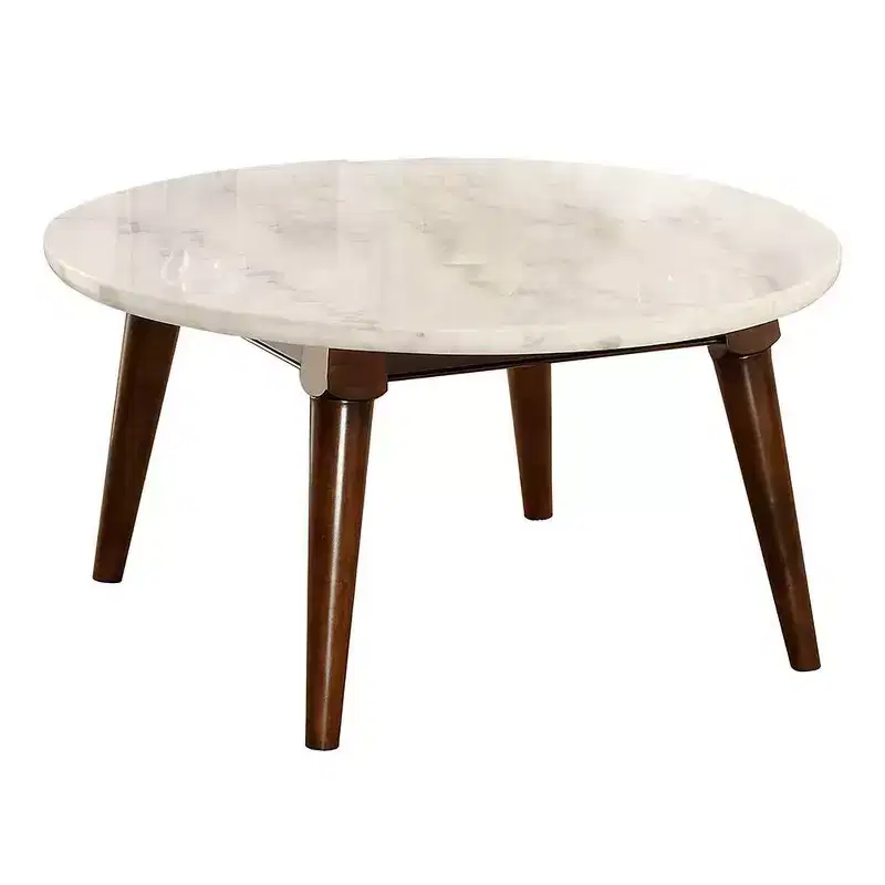36" Gasha Coffee Table-White Marble Top & Walnut - Acme Furniture: Mid-Century Modern, Round, Wood Legs, No Tools Assembly