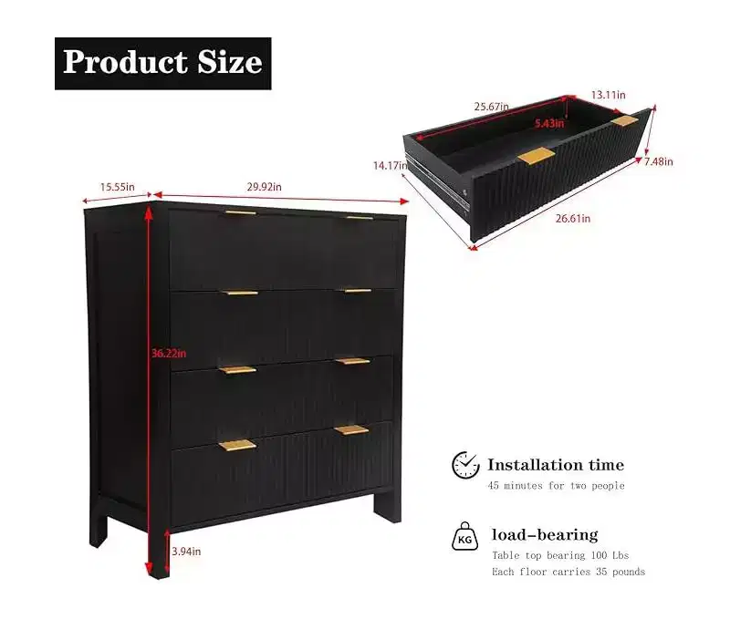 Chest of Drawers with 4 Drawers, Tall Dresser Unit with Easy Pull Handle, Waveform Fluted Panel Storage Cabinet, Stylish Clothes Organiser Cupboard