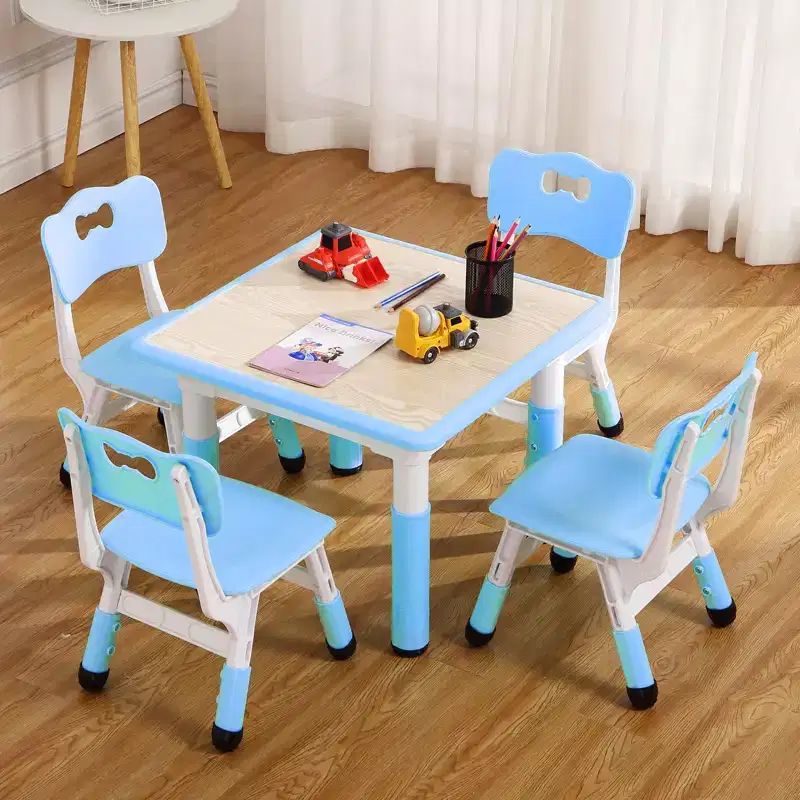 GustoWave Kids Table and 4 Chair Set,23 Height Adjustable Toddler Table and 4 Chairs with Non-Slip Desk Legs&Organizer Graffiti Desktop