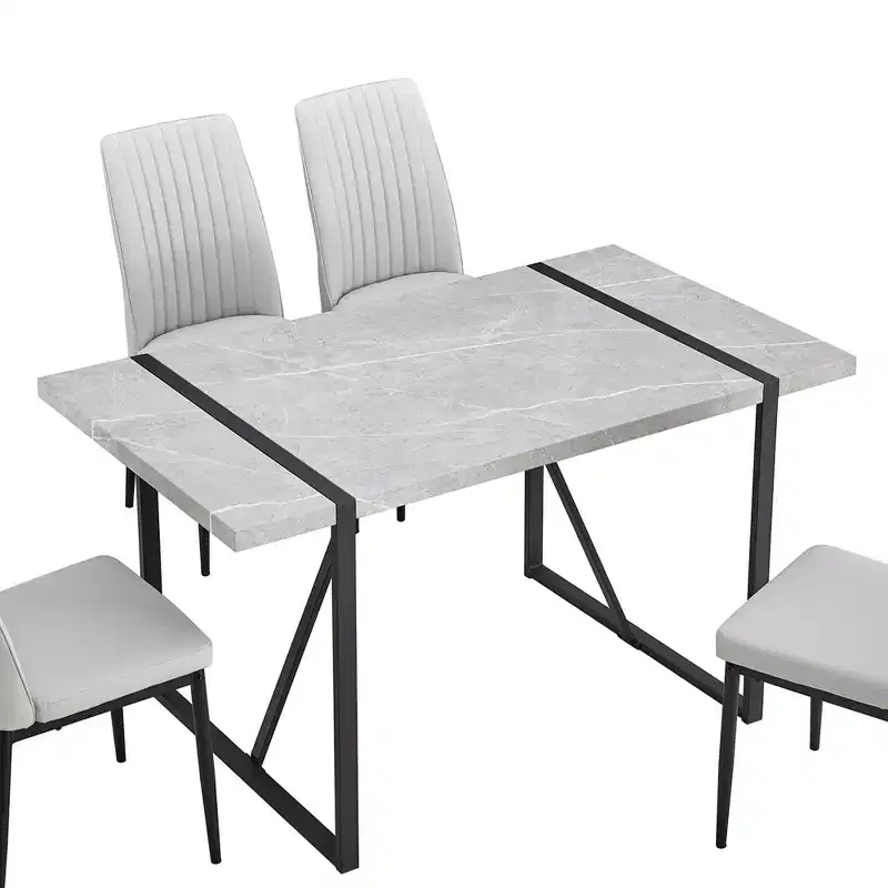Rectangular Dining Table with Faux Marble Top and Metal Base, Kitchen Table for 6, Gray