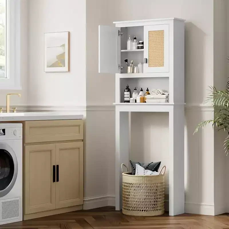 Farmhouse Bathroom Storage Cabinet with Rattan Doors, Above Toilet Storage, 23.6x7.7x63 in
