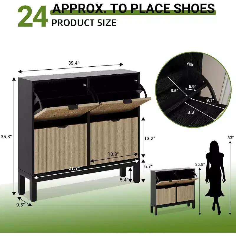 Shoe Cabinet Storage with 4 Flip Drawers, Adjustable Shelves & Metal Legs