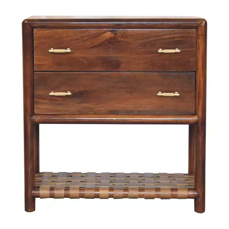 HomeRoots 32 Brown Solid Wood Two Drawer Nightstand With Leather Shelf