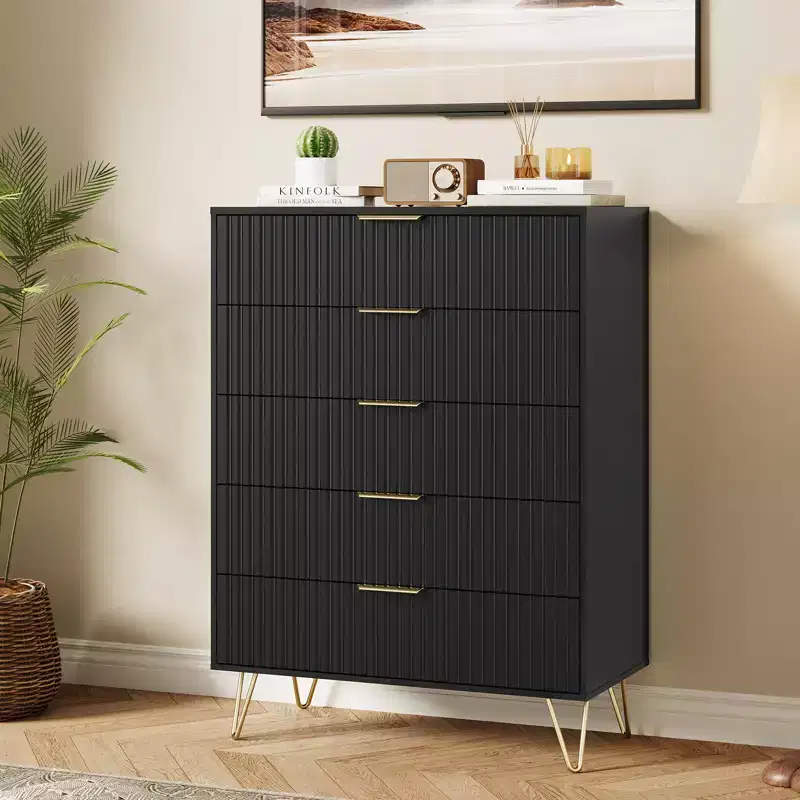 Fluted 5-Drawer Dresser, Wood Storage Chest & TV Stand with Metal Handles