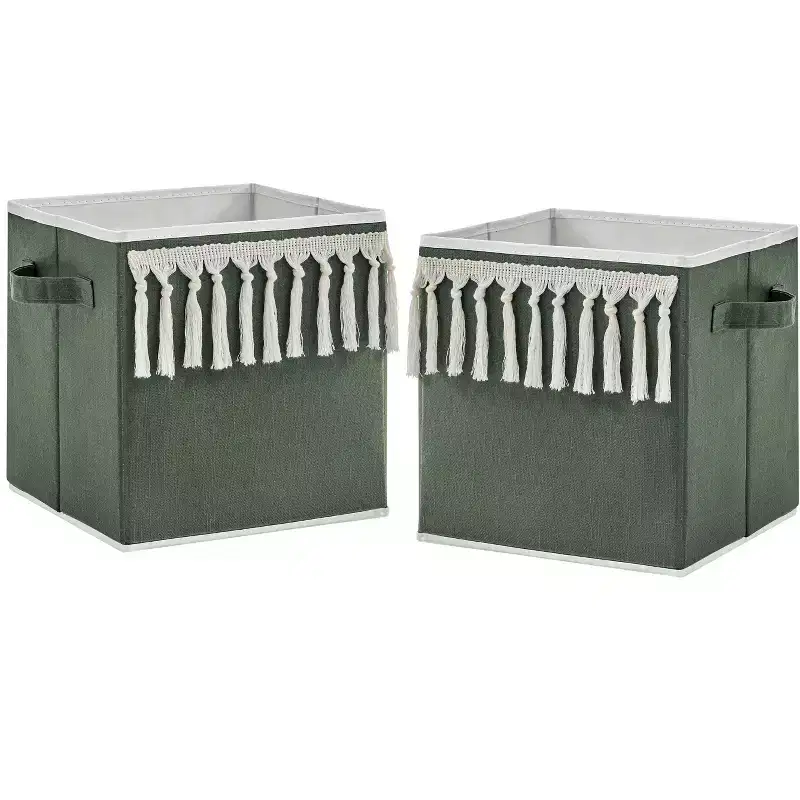 Boy or Girl Gender Neutral Unisex Kids Decorative Fabric Storage Bins Boho Fringe Green and Ivory