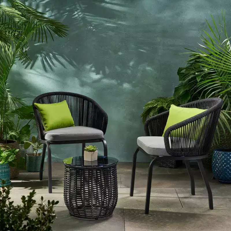 Christopher Knight Home Boynton Outdoor Rope and Iron 3 Piece Chat Set with Cushion, Black/Gray
