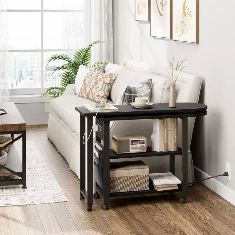 Rotating Side Table with Charging Station, Swivel End Table with 6 Lockable Wheels, 3-Tier Storage Cart for Living Room Bedroom