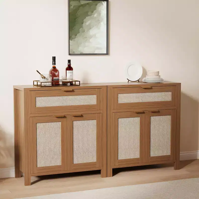 Modern Rattan Sideboard Buffet Storage Cabinet with Doors, Boho Narrow Accent Credenza Cabinet with Storage Coffee Bar Console Table
