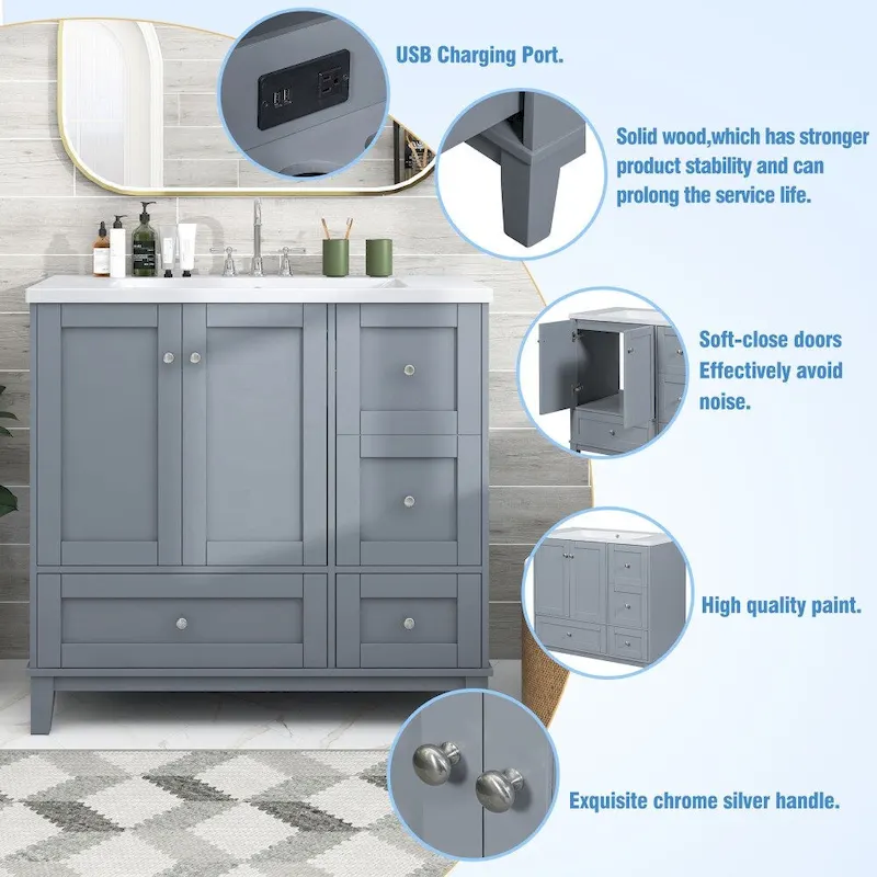 36 Inch Modern Bathroom Vanity with USB Charging and Single Resin top