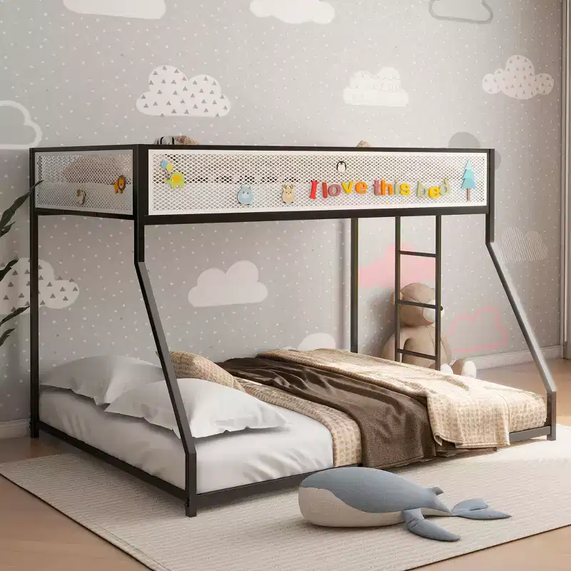 Nyrin Modern Metal Bunk Bed with Mesh Guard Rail, Low Profile and Ladder