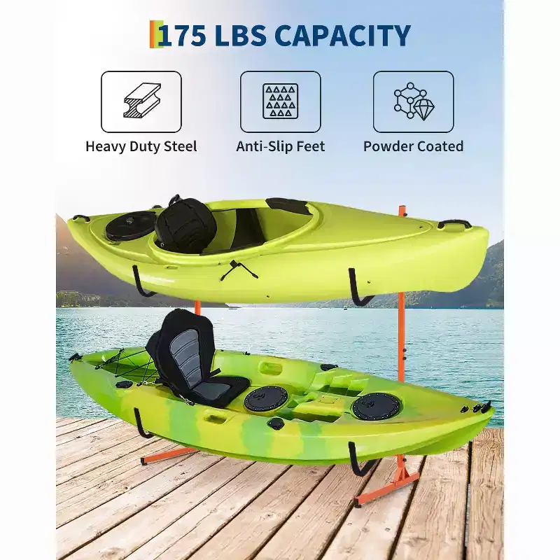 Heavy-Duty Freestanding Kayak Storage Rack for 2 Kayaks  Adjustable Steel Stand with Padded Arms  Fits Canoes, SUPs, Surfboards Max 175lbs