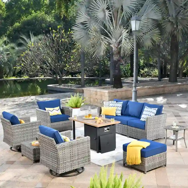 OVIOS 10-Piece Patio Wicker Conversation Rocking Chair Set With Fire Table