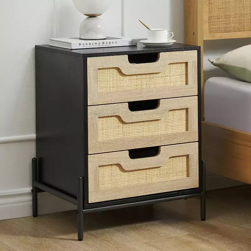 Rattan Night Stand, Farmhouse Nightstand Bedside Table w/3 Drawers, Bedside Table w/Metal Legs, Boho End Side Table Accent Table for Bedroom