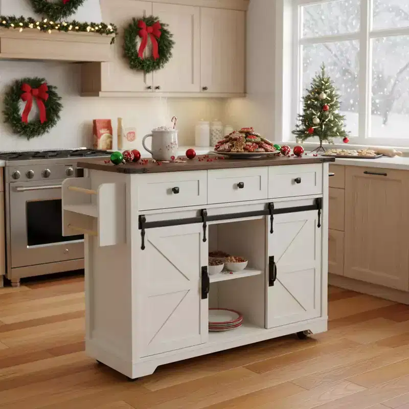 53.7 Farmhouse Kitchen Island with Power Outlet, Barn Doors, Drop Leaf, Spice Rack