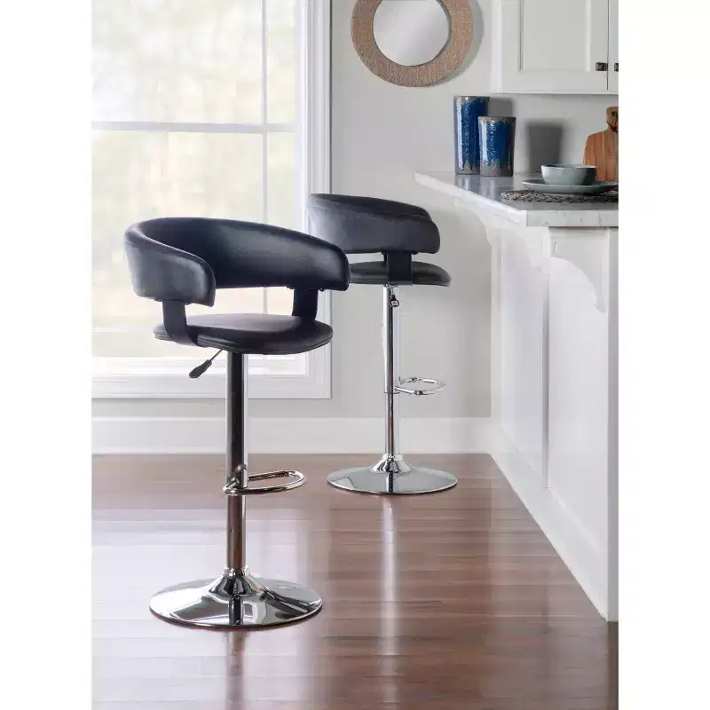 Adjustable Barrel Back Faux Leather Swivel Seat Barstool, Black