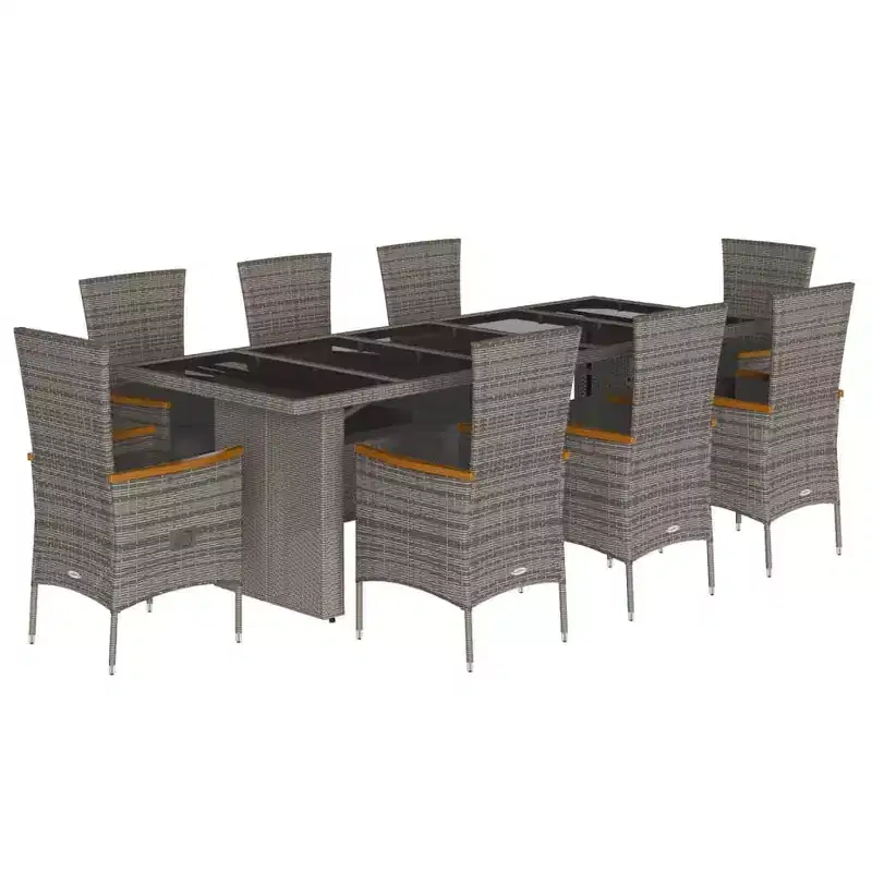 vidaXL - 9 Piece Patio Dining Set - Grey Poly Rattan with Glass Table & Cushions - Outdoor Seating for Garden, Backyard, Patio