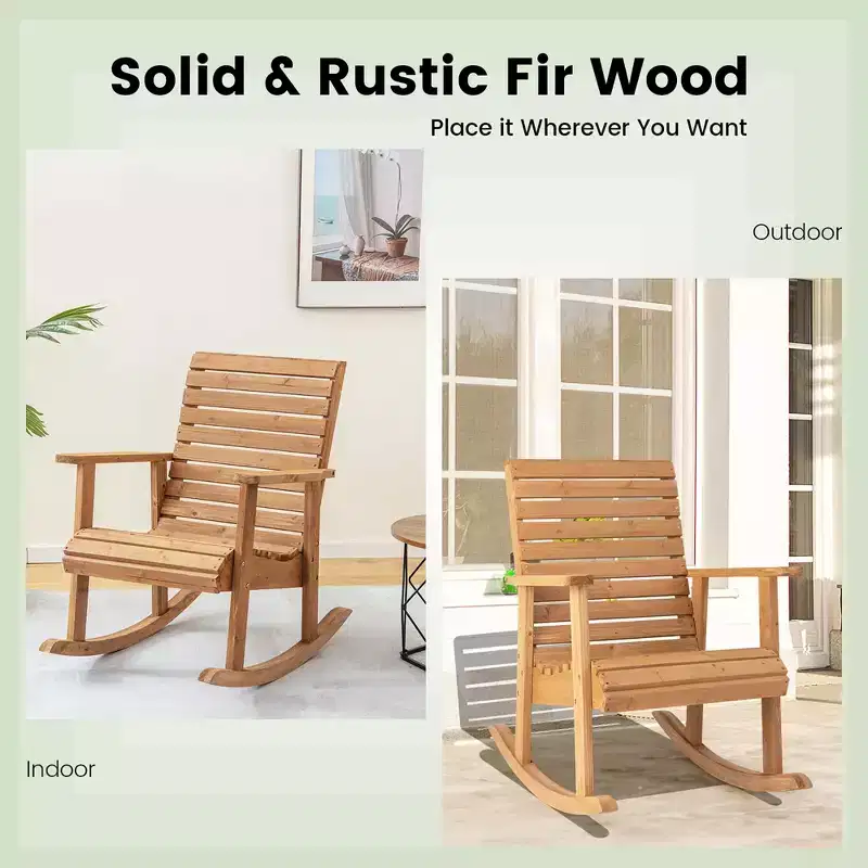 Costway Patio Wooden Rocking Chair High Back Fir Wood Armchair Natural Garden Yard