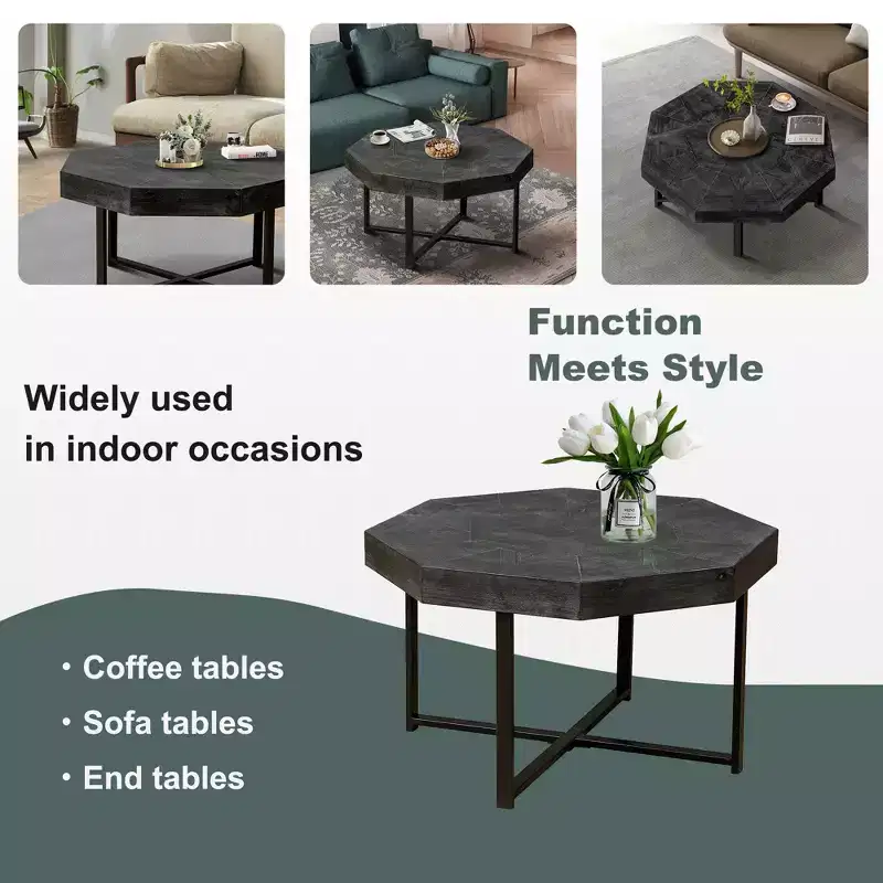 29.1 in Vintage Octagonal Coffee Table with Steel Crisscross Base, 30 in Cocktail Table for Living Room
