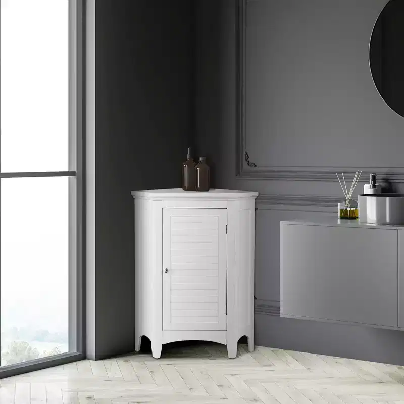 Teamson Home Glancy Wooden Freestanding Corner Floor Cabinet with Faux Louvered Door, White