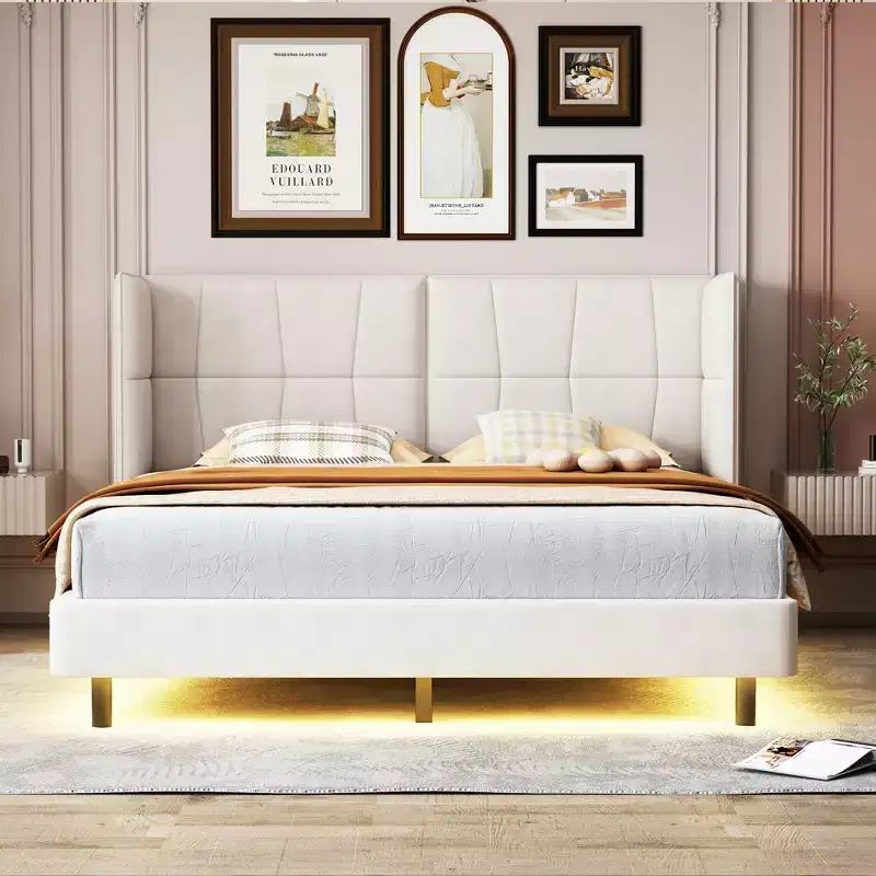 LED Queen Upholstered Platform Bed with U Shaped Headboard, Linen Bed Frame with LED Lights