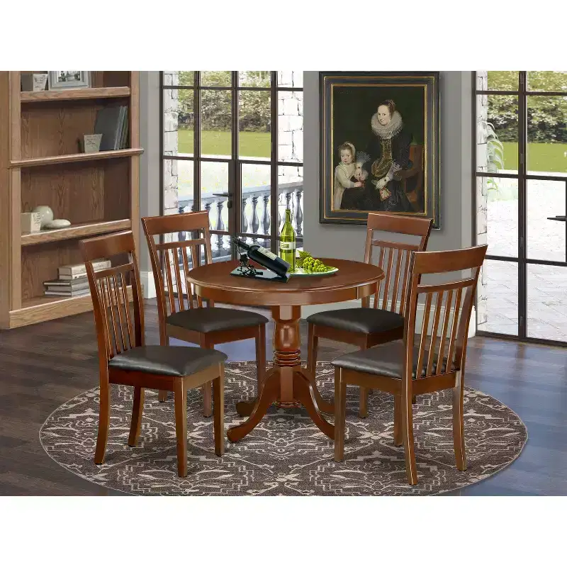 HomeStock 5Pc Rounded 36 Dining Room Table And Four Faux Leather Seat Chairs, Mahogany