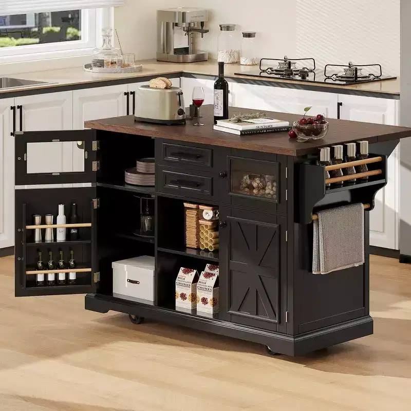 Kitchen Island, Drop Leaf, Power Outlet, Cross Barn Doors & 4 Wheels