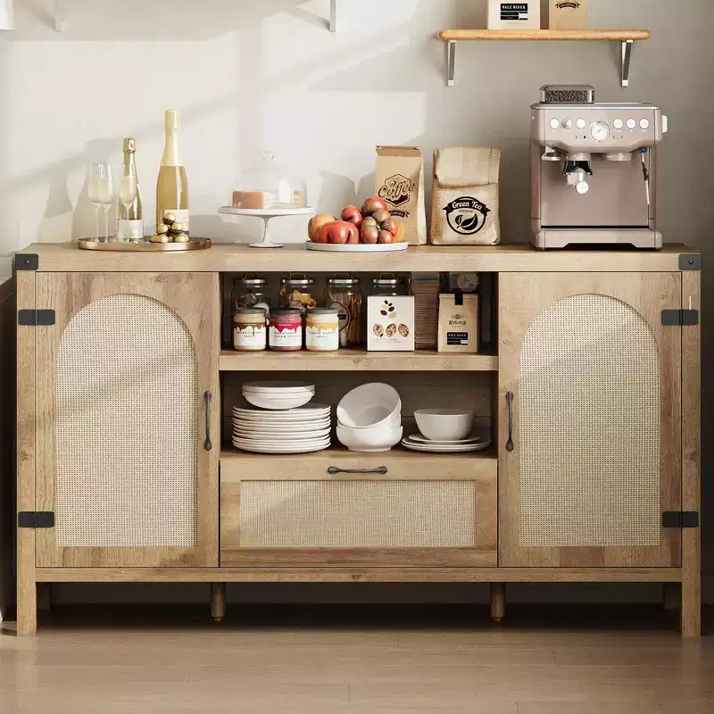 Wood & Rattan Sideboard Cabinet 59.1''W x 18.43''D x 8.07''H