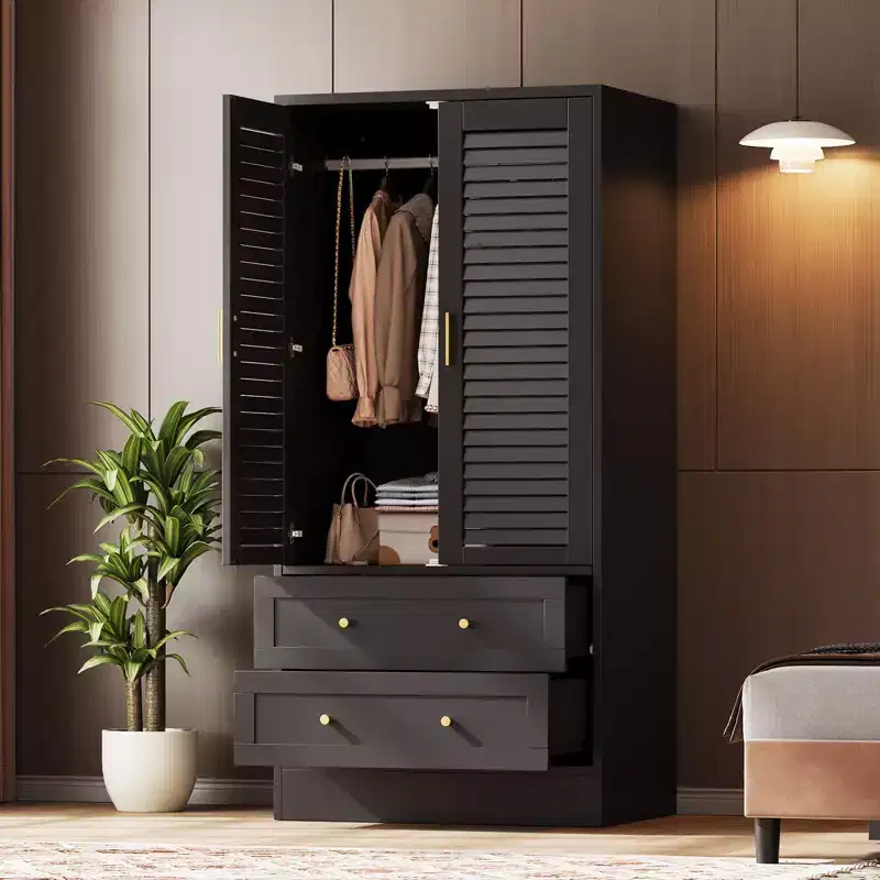 65 Wardrobe Armoire Closet with 2 Shutter Doors and 2 Drawers, Bedroom Armoire with Hanging Rod, Large Capacity Storage Freestanding Wooden