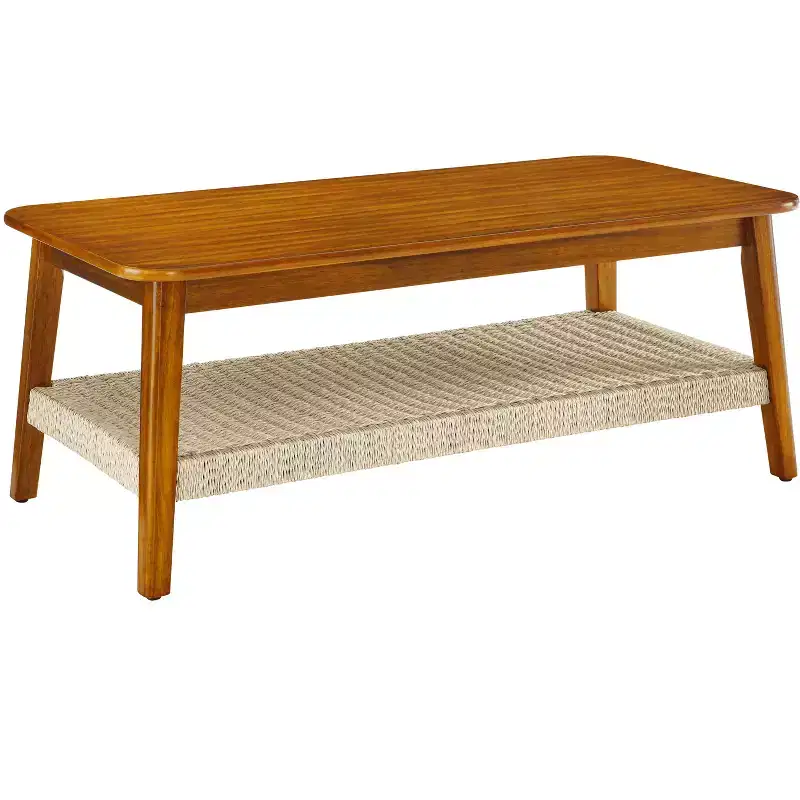 GDFStudio Ramsay Mid-Century Modern Rubberwood Coffee Table with Woven Rattan Shelf