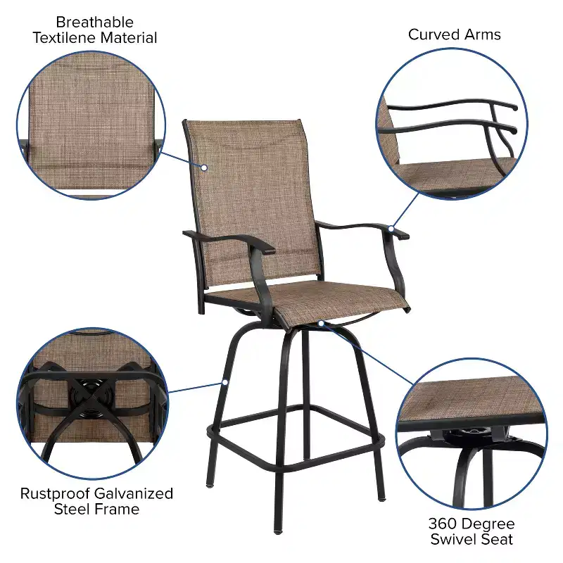 Flash Furniture Valerie Patio Bar Height Stools Set of 2, All-Weather Textilene Swivel Patio Stools and Deck Chairs with High Back & Armrests