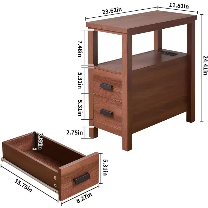 This End Table with Charging Station,Side Tables with USB Ports & Outlets,Side Table with 2 Drawers, Small Wood Bedside Table, Small Rustic Side.