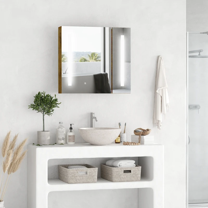 kleankin 27.5 Inch x 25.5 Inch LED Lighted Medicine Cabinet with Mirror, Wall Mounted Dimmable Bathroom Cabinet
