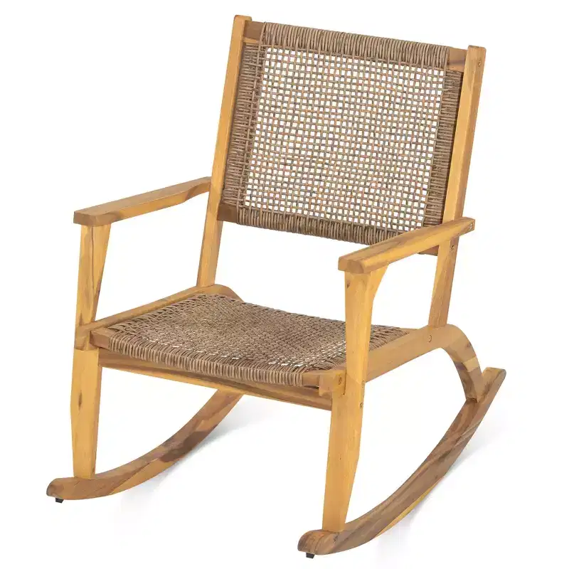 GDFStudio Antonio Patio Modern Acacia Wood Rocking Chair with Wicker Back and Seat (Set of 2)