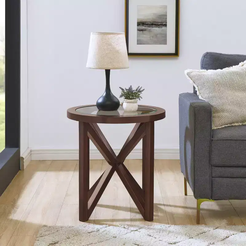Okak Round Glass Coffee Table, Modern Simple Design, Solid Wood Base, Clear Tempered Glass Top, Living Room Terrace Study Table