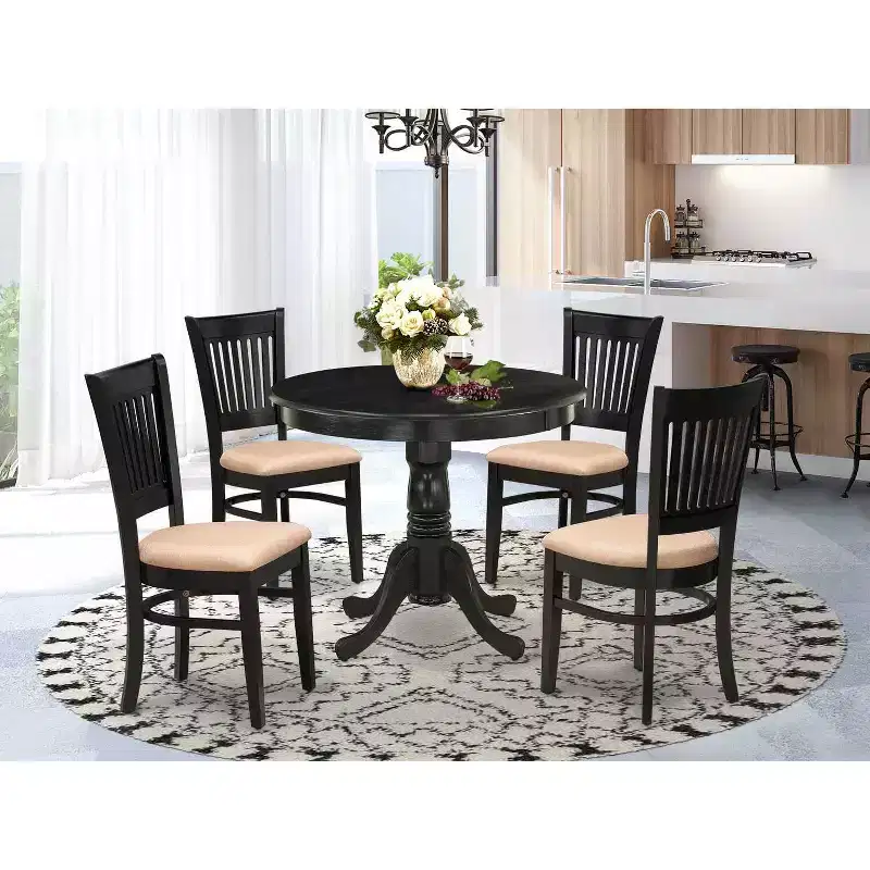 HomeStock ANVA5 Black Linen Fabric 5 Piece Round Dining Set